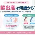 高齢出産は何歳からかについて、35歳以上の高年初産を目安として、年齢上昇に伴う流産・胎児の染色体異数性・妊娠高血圧症候群などのリスクと、初産婦と経産婦の違いを示したインフォグラフィック