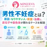 男性不妊症とは何か、主な原因やなりやすい人の特徴、検査・治療、遺伝子や染色体が関わるケースを解説する記事のアイキャッチ