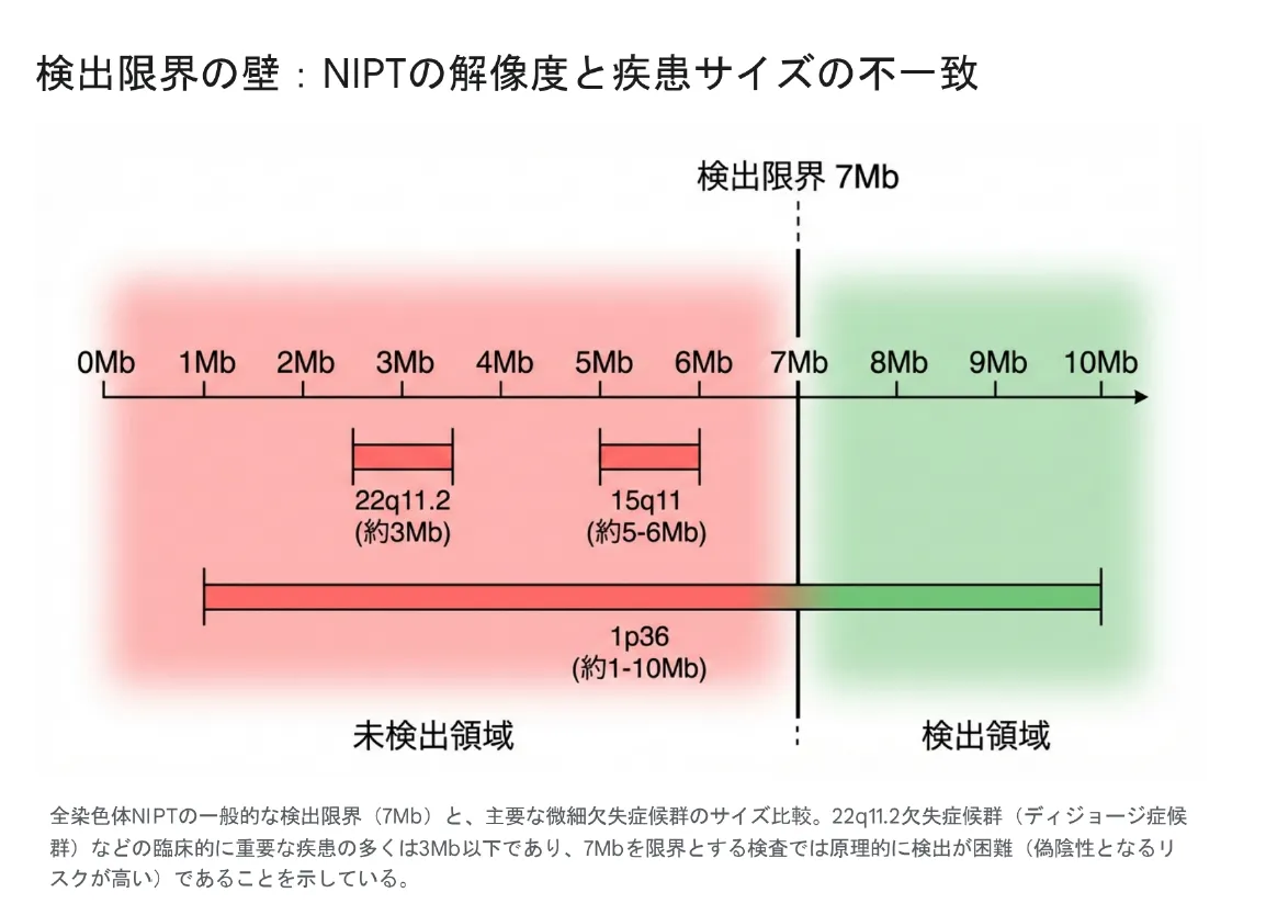 NIPT全染色体検査の検出限界7Mbの壁:22q11.2欠失症候群(3Mb)やプラダー・ウィリ症候群(5-6Mb)など主要疾患は検出困難であることを示す図