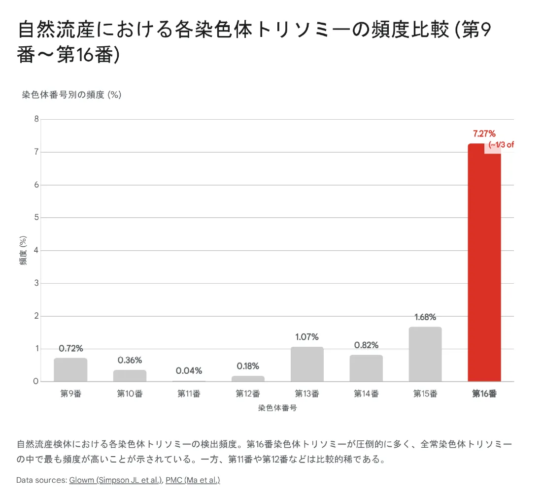 自然流産における各染色体トリソミーの頻度比較第9～16番