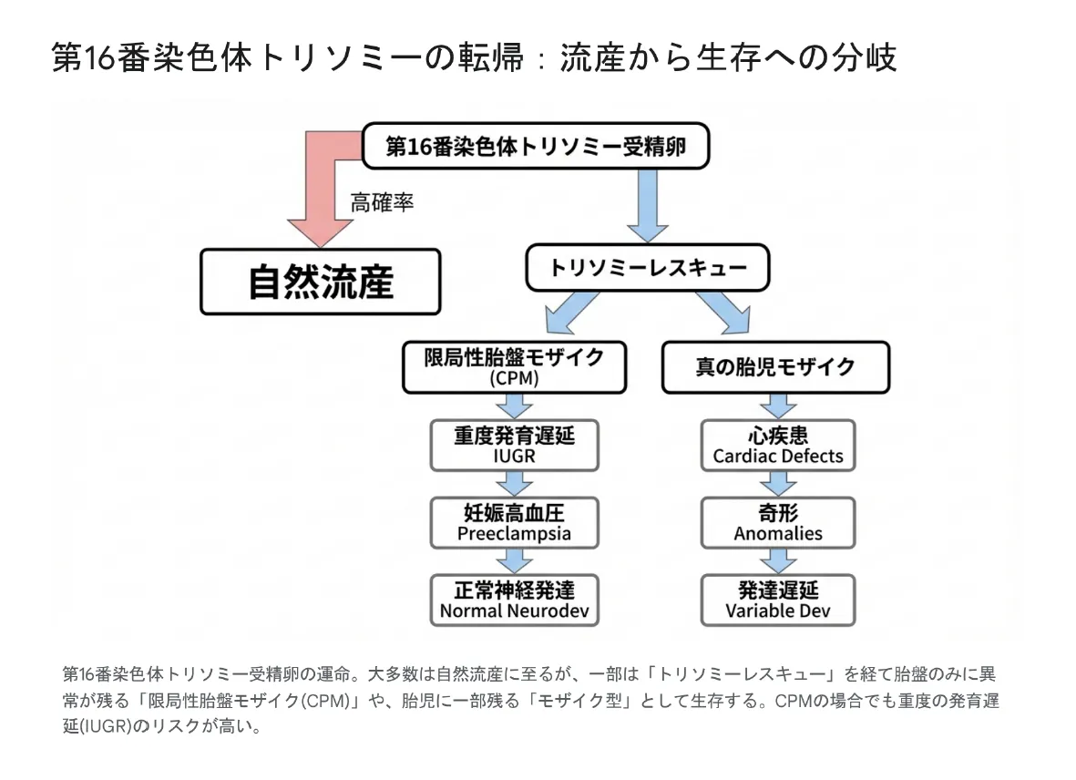 16番染色体トリソミーの転帰：流産から生存への分岐