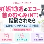 妊娠13週のエコーで胎児の首のむくみ（NT）を指摘された方への解説画像。妊婦と女性医師、超音波モニターを描き、正常値・むくみの経過・次の検査を案内している。