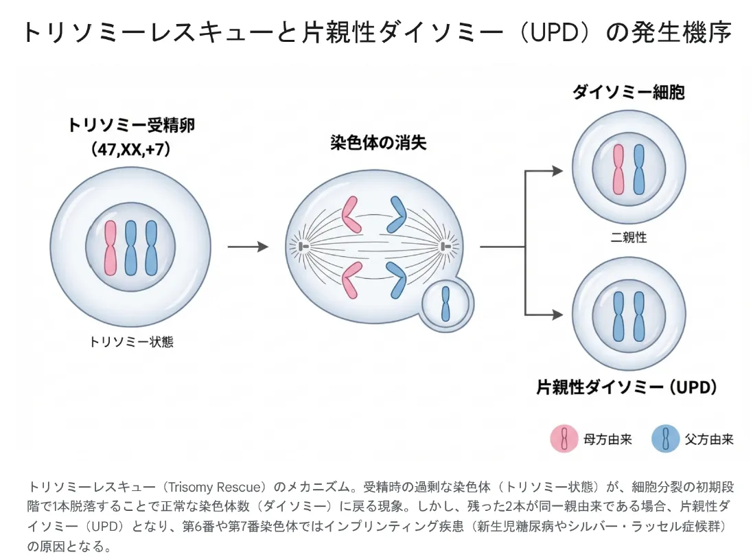 トリソミーレスキューによるUPD(片親性ダイソミー)発生機序の図解|CPMから胎児のUPDが生じ6番・7番染色体でインプリンティング疾患を引き起こす