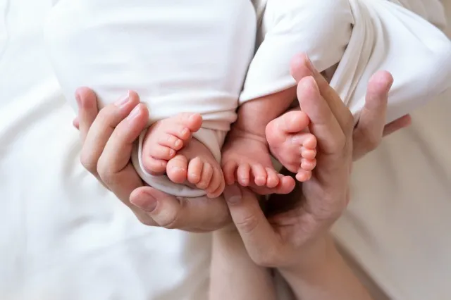 双子の赤ちゃんとお母さんの手