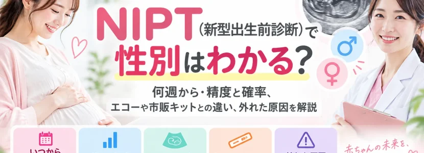 NIPT（新型出生前診断）で性別がわかる時期や精度、エコー・市販キットとの違い、結果が外れる原因を解説するアイキャッチ画像