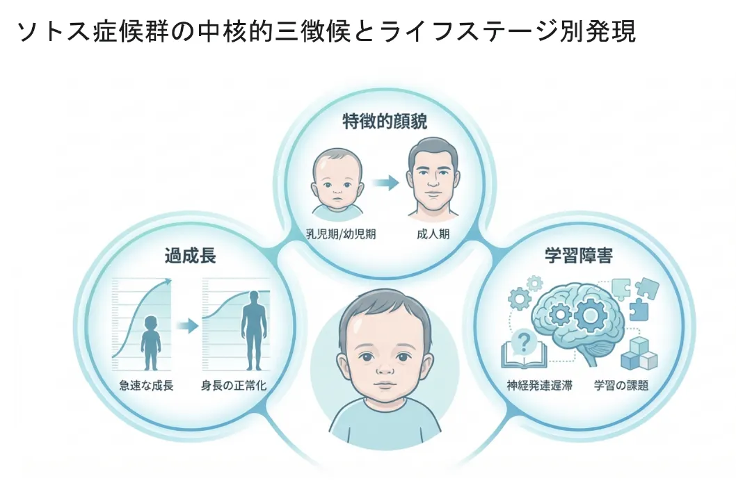ソトス症候群の中核的三徴候とライフステージ別発現