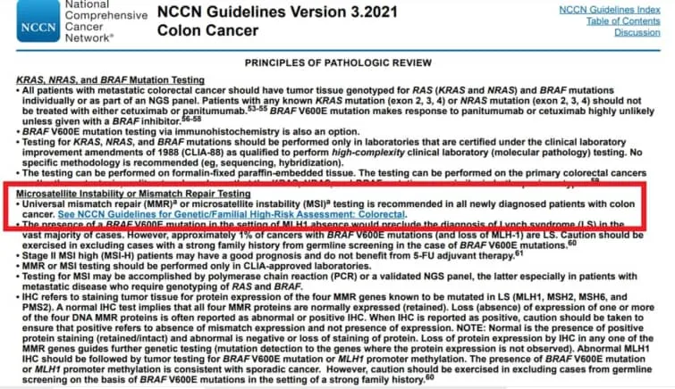 2021年版NCCN大腸がんガイドラインでは大腸がん患者全員にMSI検査を推奨している