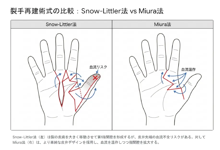 裂手再建術式の比較：Snow-Littler法 vs Miura法