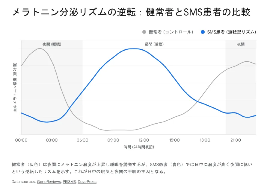 メラトニン分泌リズムの逆転_健常者とSMS患者の比較