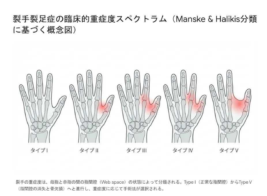 裂手裂足症の臨床的重症度スペクトラム(Manske&Halikis分類に基づく概念図)