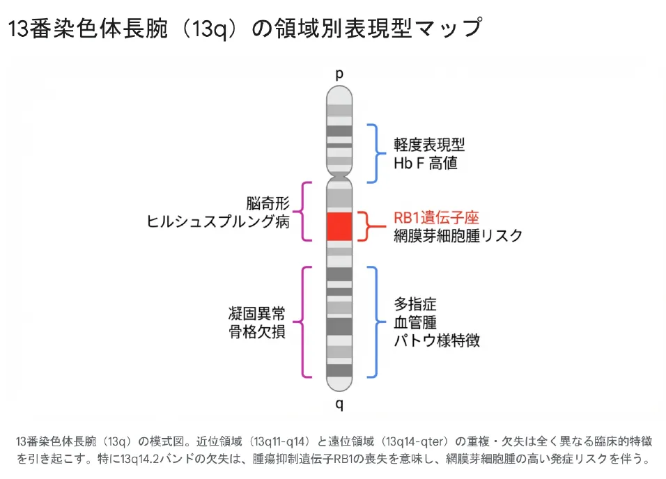 13番染色体長腕13qの領域別表現型マップ