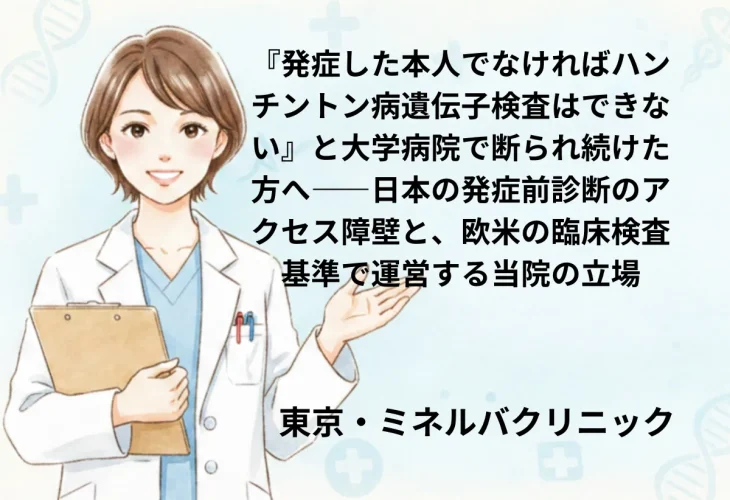 『発症した本人でなければハンチントン病遺伝子検査はできない』と大学病院で断られ続けた方へ――日本の発症前診断のアクセス障壁と、欧米の臨床検査基準で運営する当院の立場