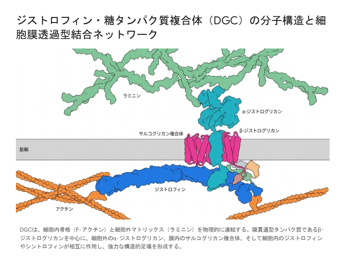 ジストロフィン・糖タンパク質複合体(DGC)の分子構造と細胞膜透過型結合ネットワーク