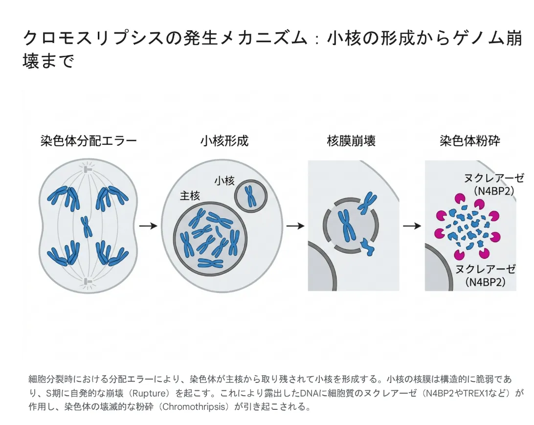 クロモスリプシスの発生メカニズム_小核の形成からゲノム崩壊まで