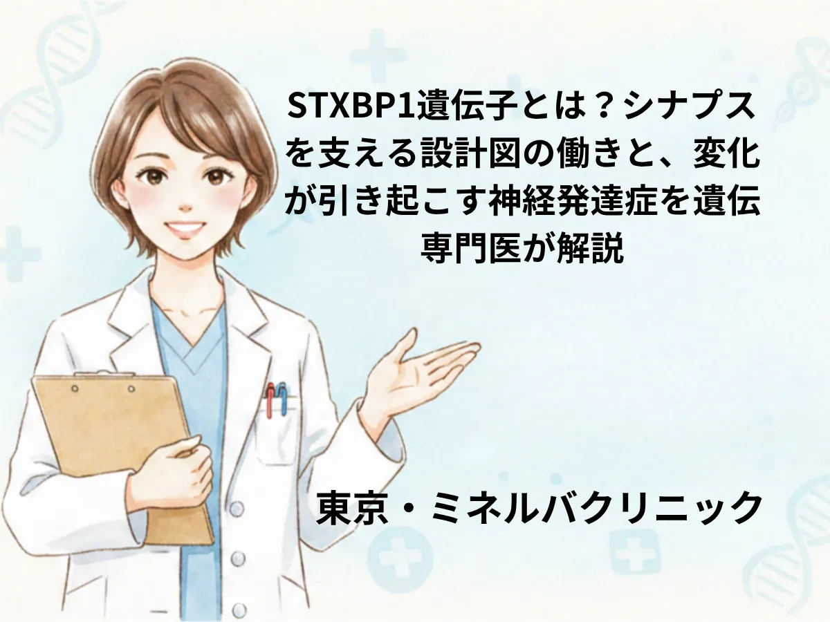 STXBP1遺伝子とは|Munc18-1の働きと遺伝子異常 女性医師のイラストと、STXBP1遺伝子の働き・変化による神経発達症を解説する記事タイトルを配した画像