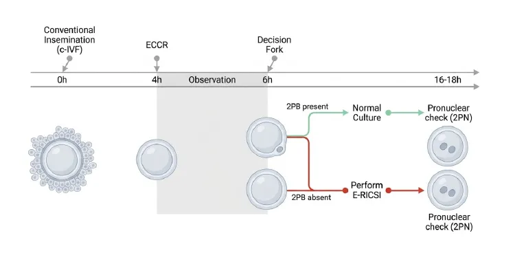 早期レスキューICSI（E-RICSI）のプロトコルを時系列で示した図。左から、0時間に通常の体外受精（c-IVF）で媒精し、卵子は卵丘細胞に覆われている。4時間後に卵丘細胞を早期除去（ECCR）し、以降を観察期間とする。6時間の「判定の分岐点（Decision Fork）」で第二極体（2PB）の有無を評価する。2PBが放出されている卵子（受精成立）は緑の経路で通常培養へ進む。2PBが放出されていない卵子は赤の経路でE-RICSIを実施する。どちらの経路も16〜18時間後に前核（2PN）の有無を確認して正常受精を判定する。