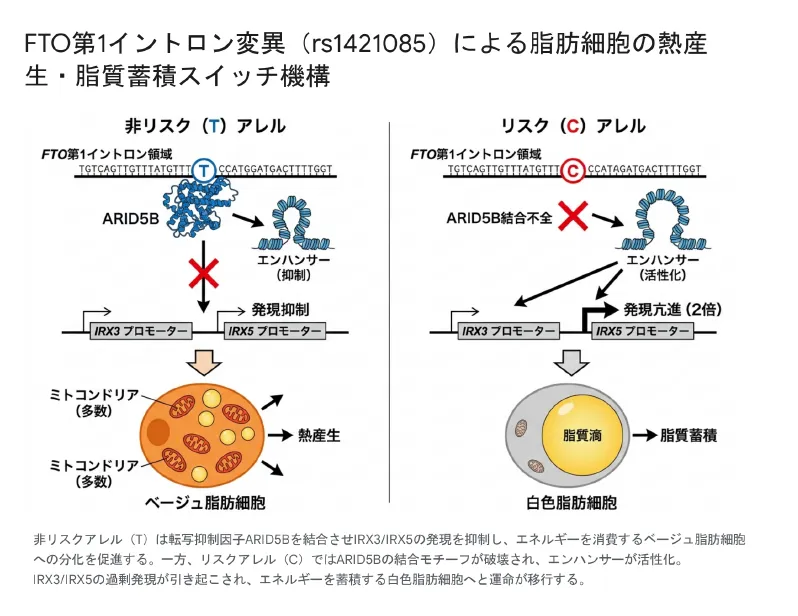 FTO第一イントロン変異rs1421085による脂肪細胞の熱産生・脂質蓄積スイッチ機構