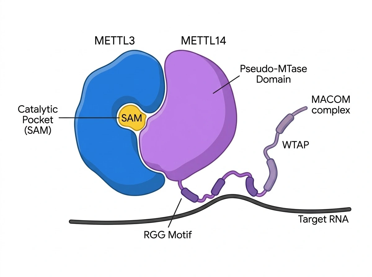 METTL3-METTL14 m6Aライター複合体の構造模式図。METTL3のSAM結合触媒ポケットがRNAのm6Aメチル化を担い、METTL14の偽メチルトランスフェラーゼドメインとRGGモチーフがRNA基質認識およびWTAPを含むMACOM複合体との結合を担う
