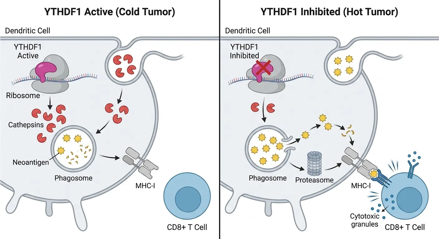 樹状細胞におけるYTHDF1による腫瘍免疫逃避機構。YTHDF1活性化時はカテプシン翻訳が亢進してファゴソーム内の腫瘍ネオアンチゲンが過剰分解され、MHC-I交差提示とCD8陽性T細胞活性化が抑制される一方、YTHDF1阻害により抗原提示と細胞傷害性T細胞応答が回復する