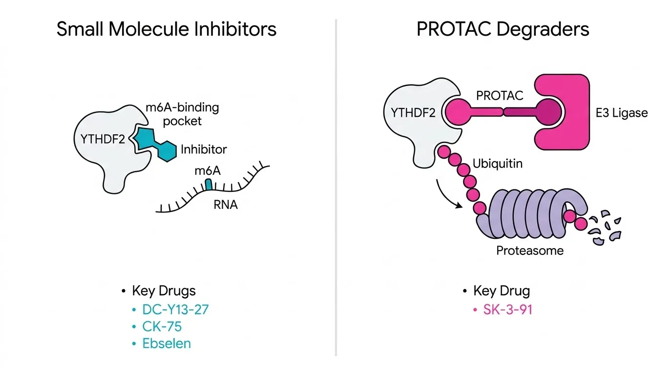 YTHDF2を標的とする創薬戦略の比較。低分子阻害剤はYTHDF2のm6A結合ポケットを占有してRNA認識を阻害し、PROTACはYTHDF2とE3ユビキチンリガーゼを近接させてユビキチン化を誘導し、プロテアソーム分解へ導く。