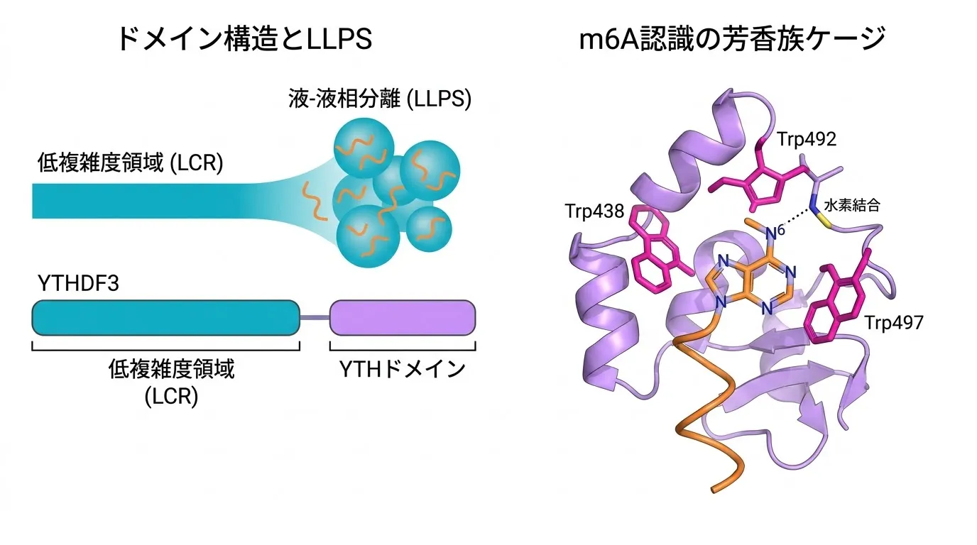 YTHDF3のドメイン構造とm6A認識機構。N末端の低複雑度領域（LCR）が液-液相分離（LLPS）を駆動し、C末端YTHドメインではTrp438・Trp492・Trp497からなる芳香族ケージがm6A修飾アデノシンを特異的に認識する。
