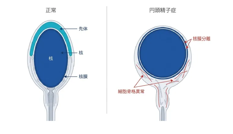 正常精子と円頭精子症の精子頭部構造の比較。正常では先体が核を覆い核膜に沿って配置されるのに対し、円頭精子症では先体が欠損し、球状の核、核膜分離、細胞骨格異常がみられる。