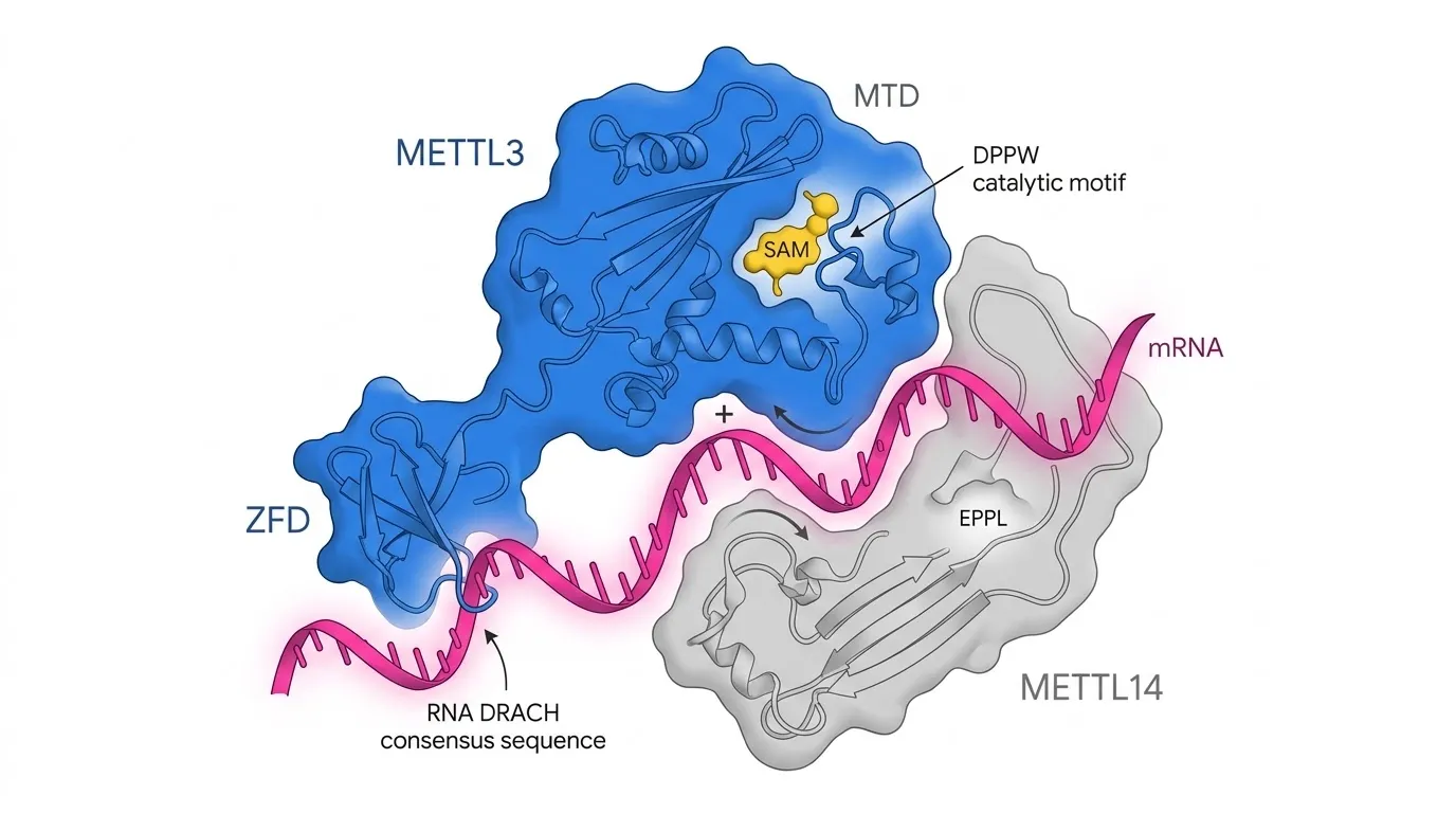 METTL3-METTL14ヘテロ二量体によるm6A修飾の分子構造。METTL3のジンクフィンガードメイン（ZFD）がRNAのDRACHコンセンサス配列を認識し、メチル基転移酵素ドメイン（MTD）のDPPW触媒モチーフとSAM結合部位でmRNAのアデノシンをメチル化する一方、METTL14は構造的足場として複合体を安定化する