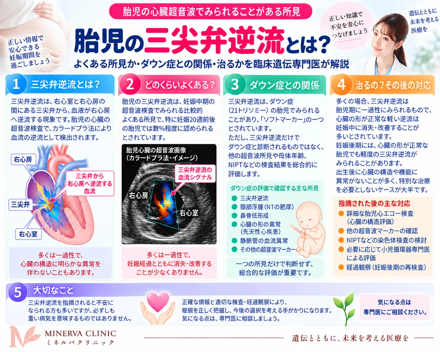 胎児の三尖弁逆流の頻度・ダウン症との関係・自然消失・指摘後の検査をまとめたインフォグラフィック