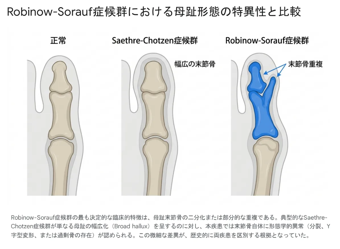 正常・ゼーツレ・コッツェン症候群・ロビノー・ソローフ症候群の足の親指（母趾）の骨を並べて比較したイラスト。正常では末節骨が1つ、ゼーツレ・コッツェン症候群では末節骨の幅が広く、ロビノー・ソローフ症候群では末節骨が二股に分かれて重複している様子を示す