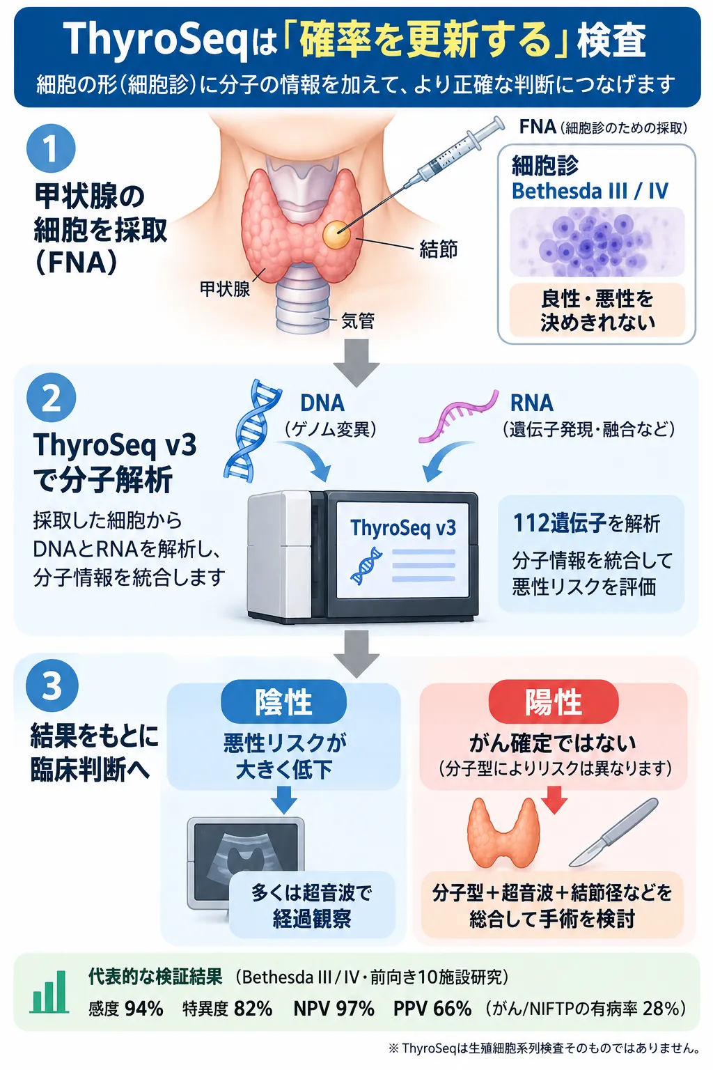 ThyroSeq v3で甲状腺結節のFNA検体からDNA・RNAを解析し、Bethesda III・IVの悪性リスクを更新して陰性なら経過観察、陽性なら分子型や超音波所見と合わせて手術を検討する流れを示す模式図