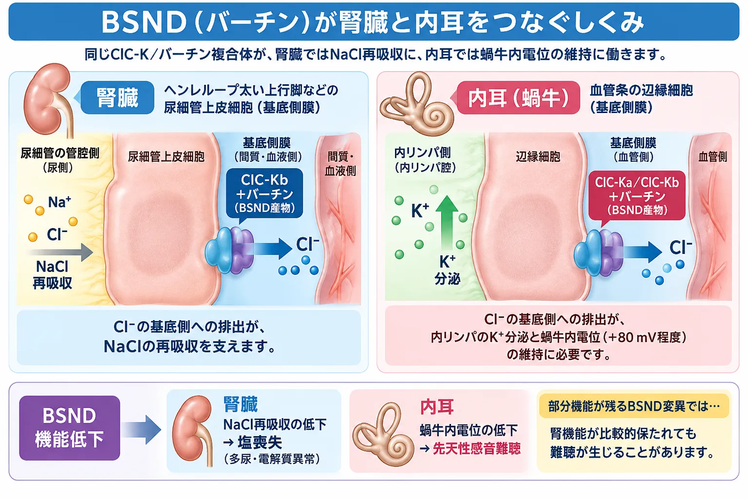 BSND(バーチン)が腎臓と内耳をつなぐClC-Kチャネルの仕組み BSND遺伝子産物バーチンとClC-Kクロライドチャネルが腎臓ではNaCl再吸収、内耳ではカリウム分泌と蝸牛内電位の維持に働き、BSND機能低下で塩喪失と先天性感音難聴が生じる仕組みを示した模式図