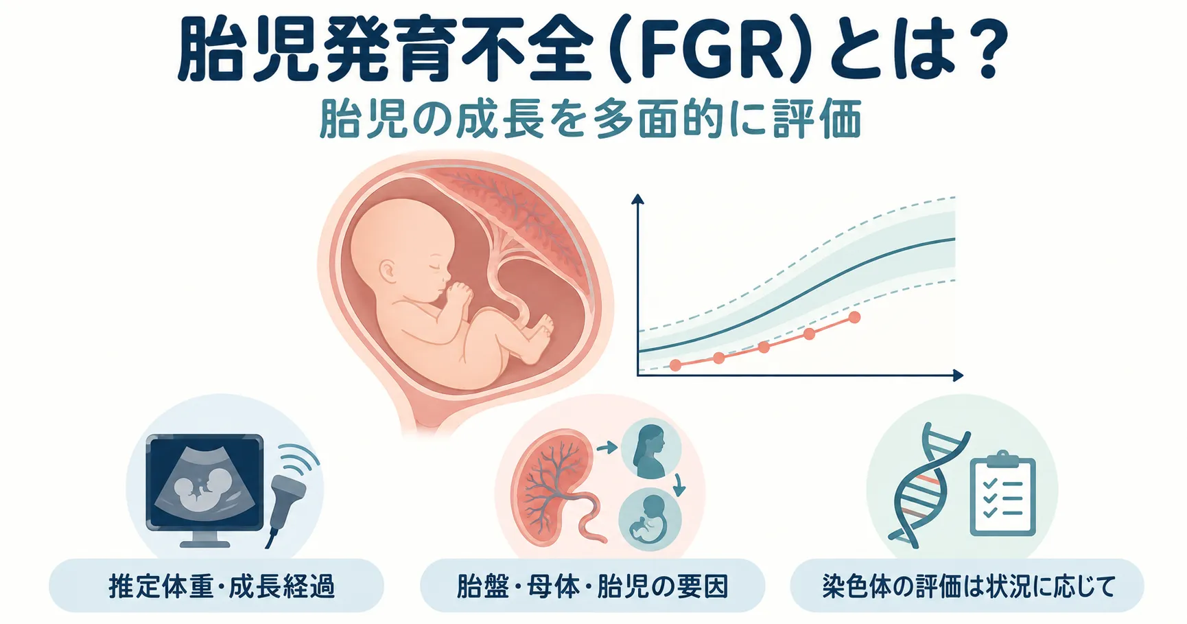 胎児発育不全（FGR・子宮内胎児発育遅延）の原因・診断基準・染色体異常との関係の図解