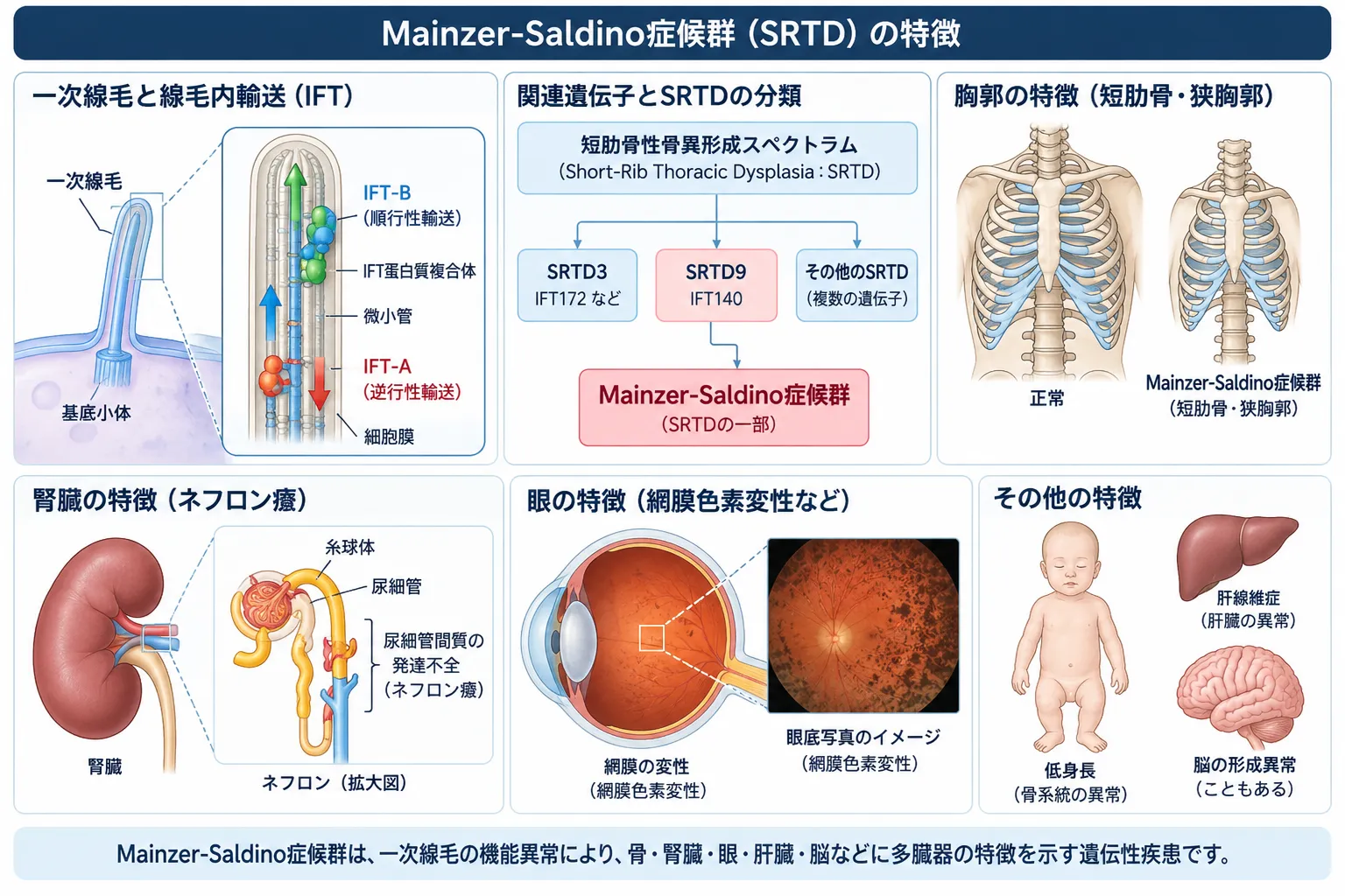 Mainzer-Saldino症候群における一次線毛と線毛内輸送、IFT140・IFT172、短肋骨・狭胸郭、ネフロン癆、網膜変性などの多臓器症状を示す模式図