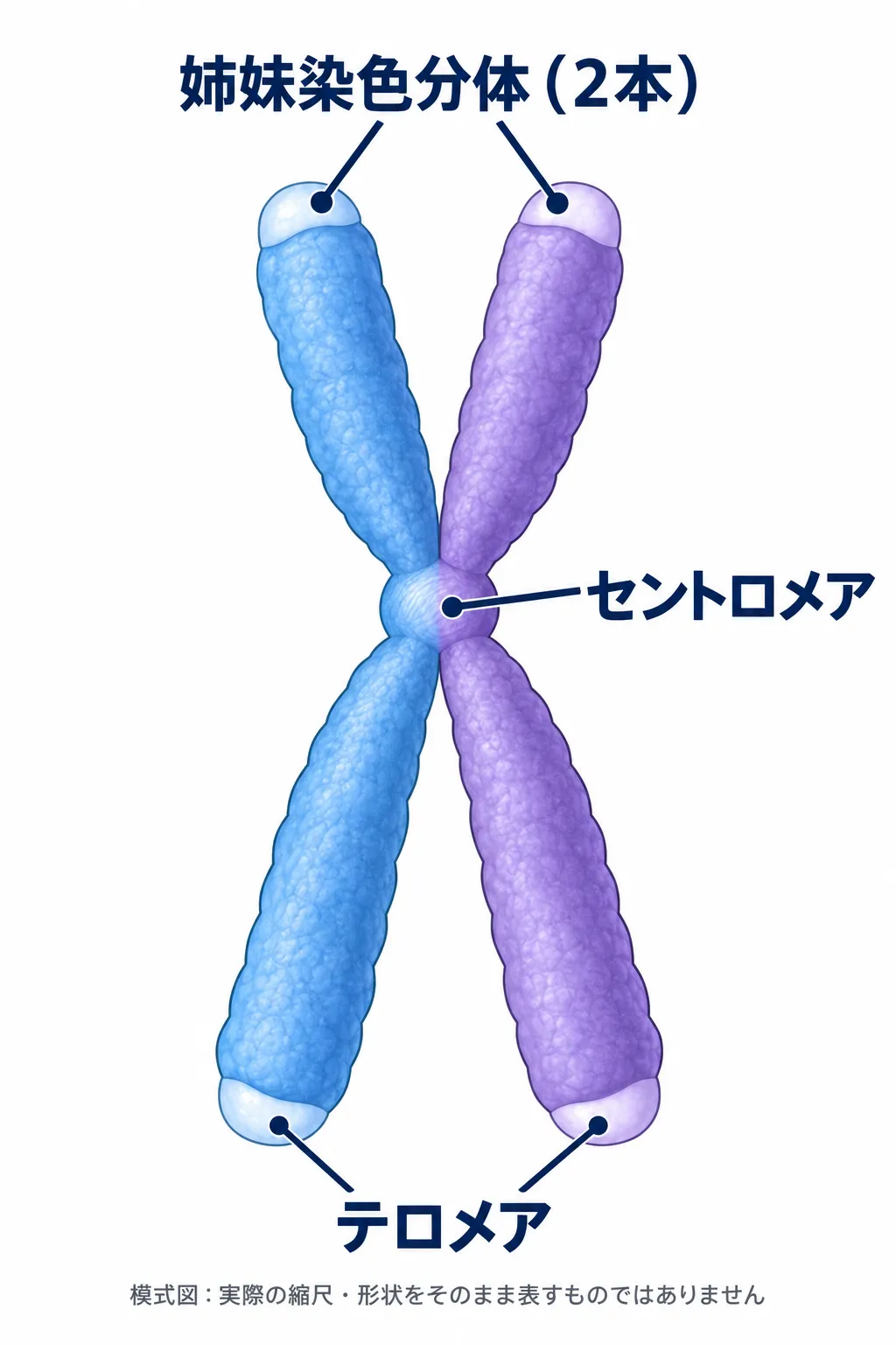 DNA複製後のX字形染色体を示す模式図。2本の姉妹染色分体が1つのセントロメアでつながり、両端にテロメアがある