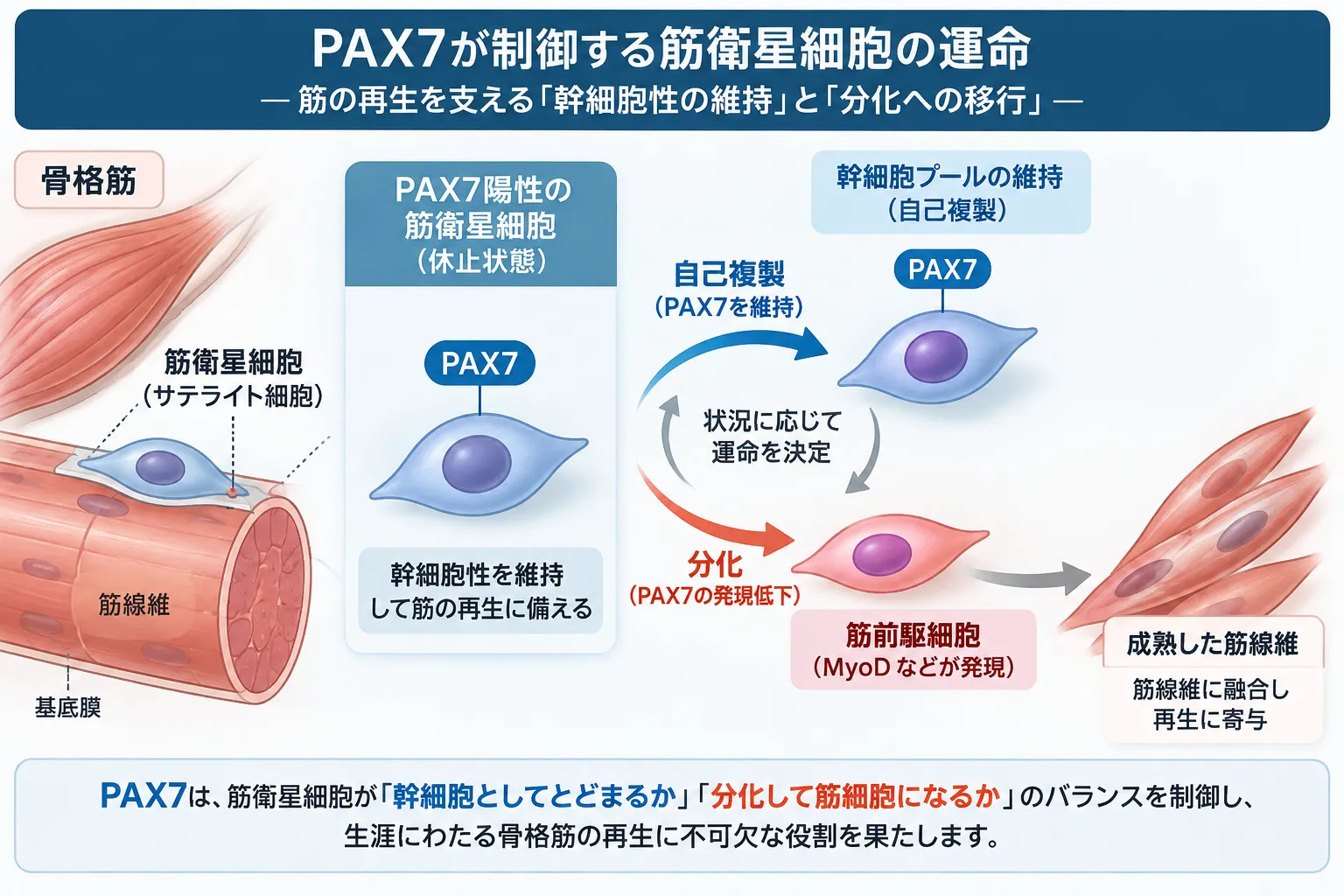 PAX7陽性の筋衛星細胞が筋線維と基底膜の間に存在し、自己複製によって幹細胞プールを維持する経路と、PAX7発現低下・MyoD発現を伴う筋前駆細胞への分化を経て筋線維の再生に寄与する経路を示した模式図