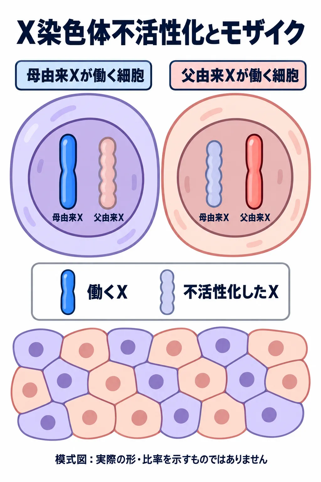 X染色体不活性化の模式図。母由来のXが働く細胞と父由来のXが働く細胞が混在し、モザイク状になる様子