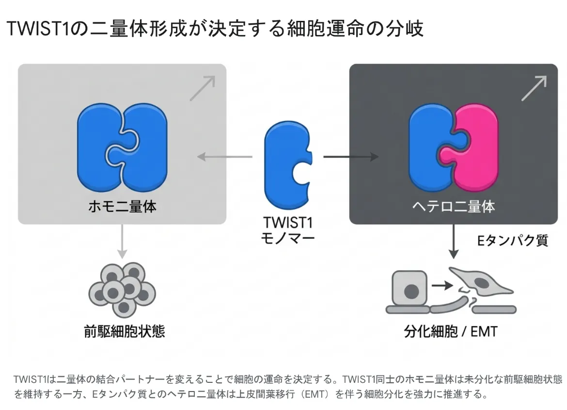 TWIST1の二量体形成が細胞運命を分岐させる図解。TWIST1モノマーが自身と組むホモ二量体は未分化な前駆細胞状態を維持し、Eタンパク質と組むヘテロ二量体は上皮間葉転換（EMT）を伴う細胞分化を強力に推進する。