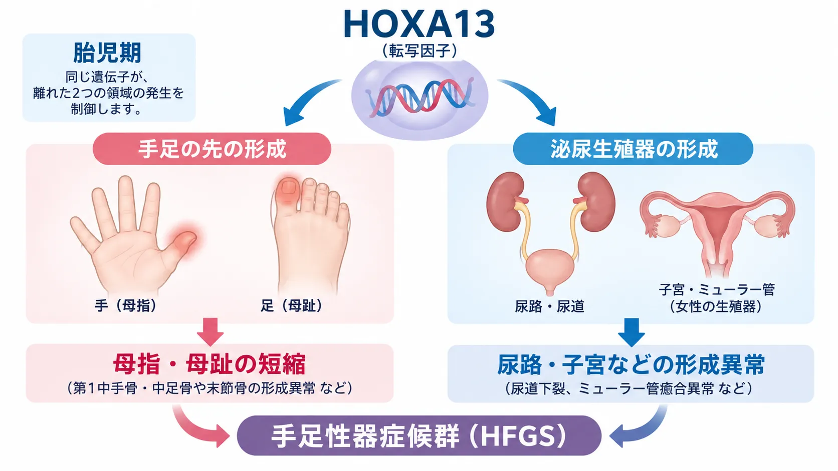 HOXA13が胎児期の手足の先と泌尿生殖器の形成を調節し、機能異常によって母指・母趾の短縮と尿路・子宮などの形成異常を生じる手足性器症候群(HFGS)の発症機序を示す模式図