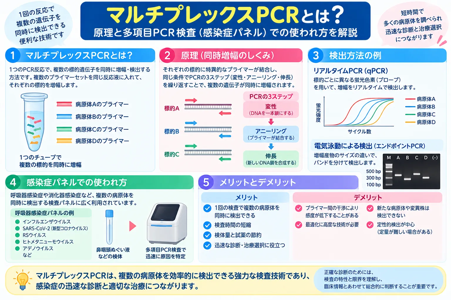 マルチプレックスPCRの原理と多項目同時増幅 マルチプレックスPCRで複数のプライマー対を用いて複数の標的DNAを同時増幅する仕組みを示すインフォグラフィック
