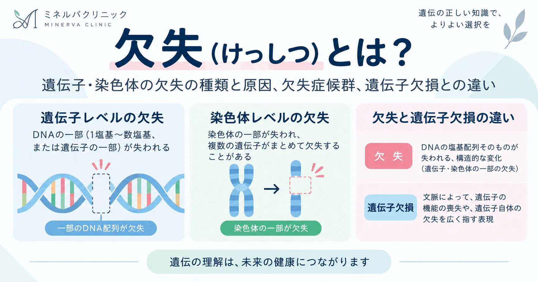 欠失（deletion）の種類と欠失症候群をまとめた図解