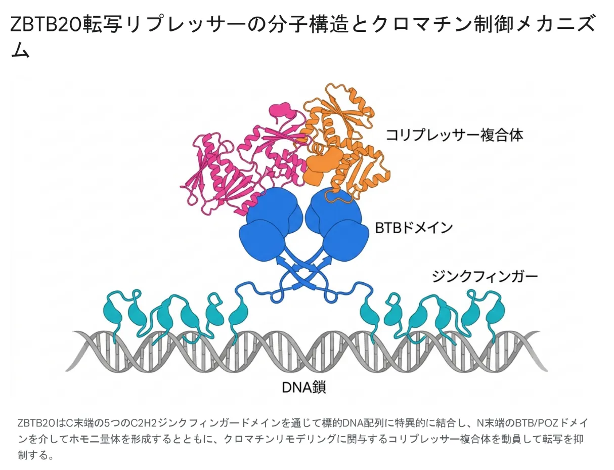 ZBTB20遺伝子がコードする転写リプレッサーの分子構造模式図。N末端のBTB/POZドメイン（青）が二量体を形成してコリプレッサー複合体（ピンク・オレンジ）を引き寄せ、C末端の5つのジンクフィンガー（水色）がDNA鎖に結合して標的遺伝子の転写を抑制する。