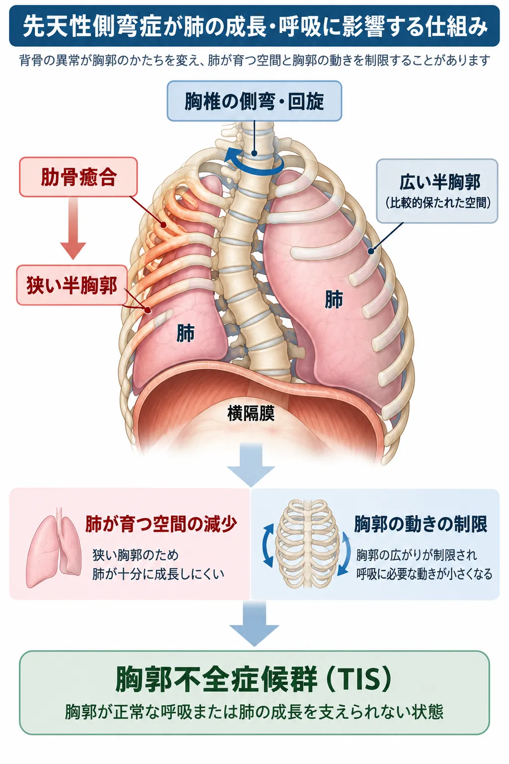 先天性側弯症で胸椎の側弯・回旋や肋骨癒合により胸郭が非対称となり、肺が育つ空間の減少と胸郭運動の制限を介して胸郭不全症候群（TIS）につながる仕組みを示す模式図