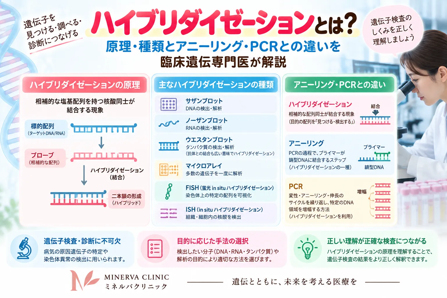 ハイブリダイゼーションの原理・種類と応用 ハイブリダイゼーションの原理と代表的な応用をまとめたインフォグラフィック