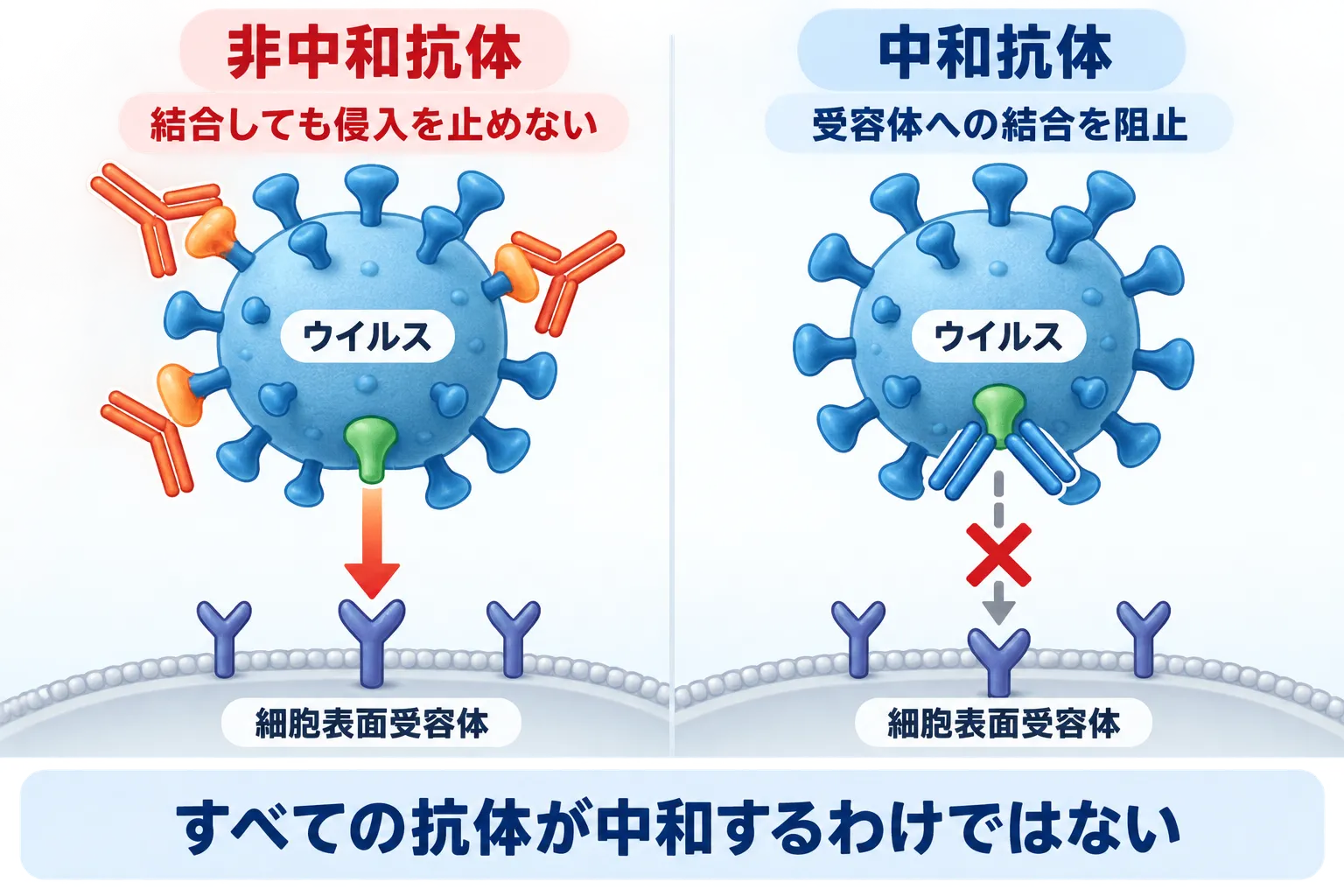 非中和抗体はウイルスに結合しても細胞表面受容体への結合を妨げず、中和抗体は受容体結合部位をふさいで感染を阻止する違い