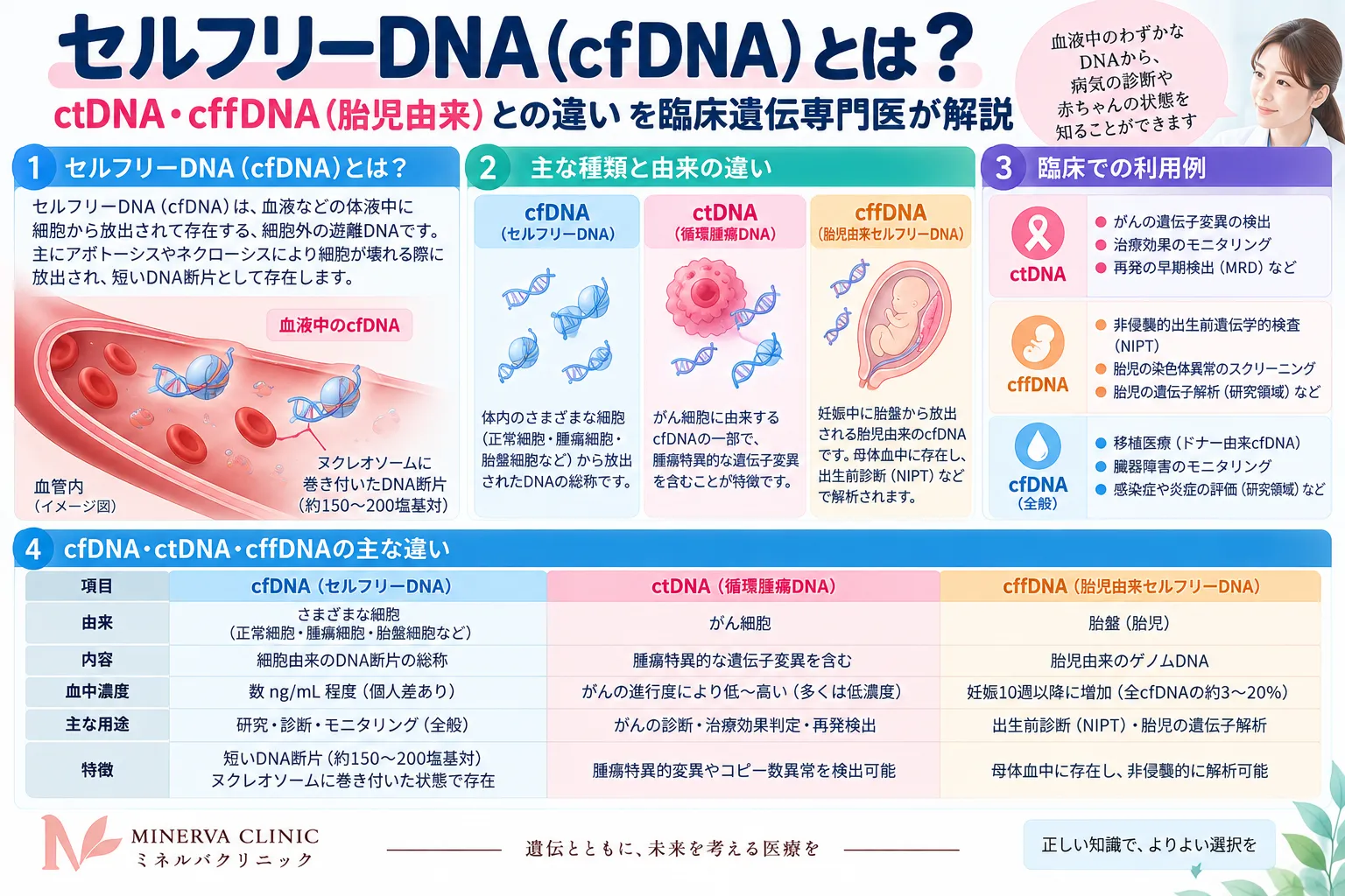 セルフリーDNA（cfDNA）を中心に、がん由来のctDNAと胎盤由来のcffDNAの関係、NIPTやリキッドバイオプシーへの応用を示したインフォグラフィック