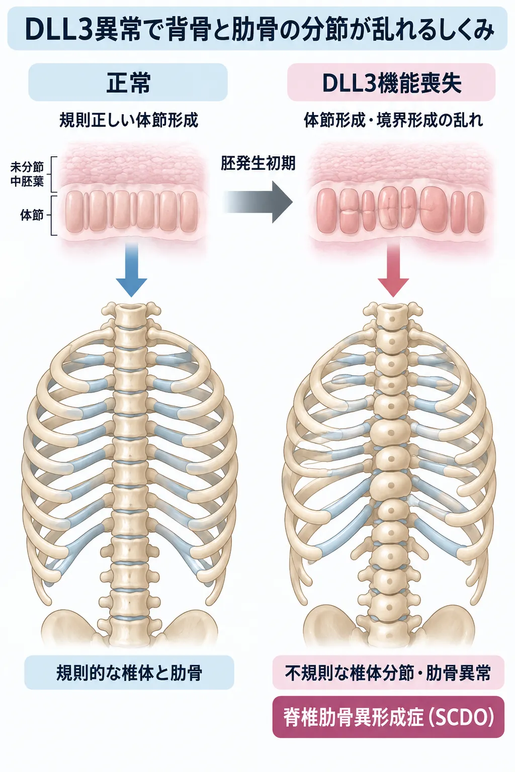DLL3機能喪失により胚発生初期の体節形成と境界形成が乱れ、不規則な椎体分節と肋骨異常を生じて脊椎肋骨異形成症(SCDO)につながる仕組みを正常と比較した模式図