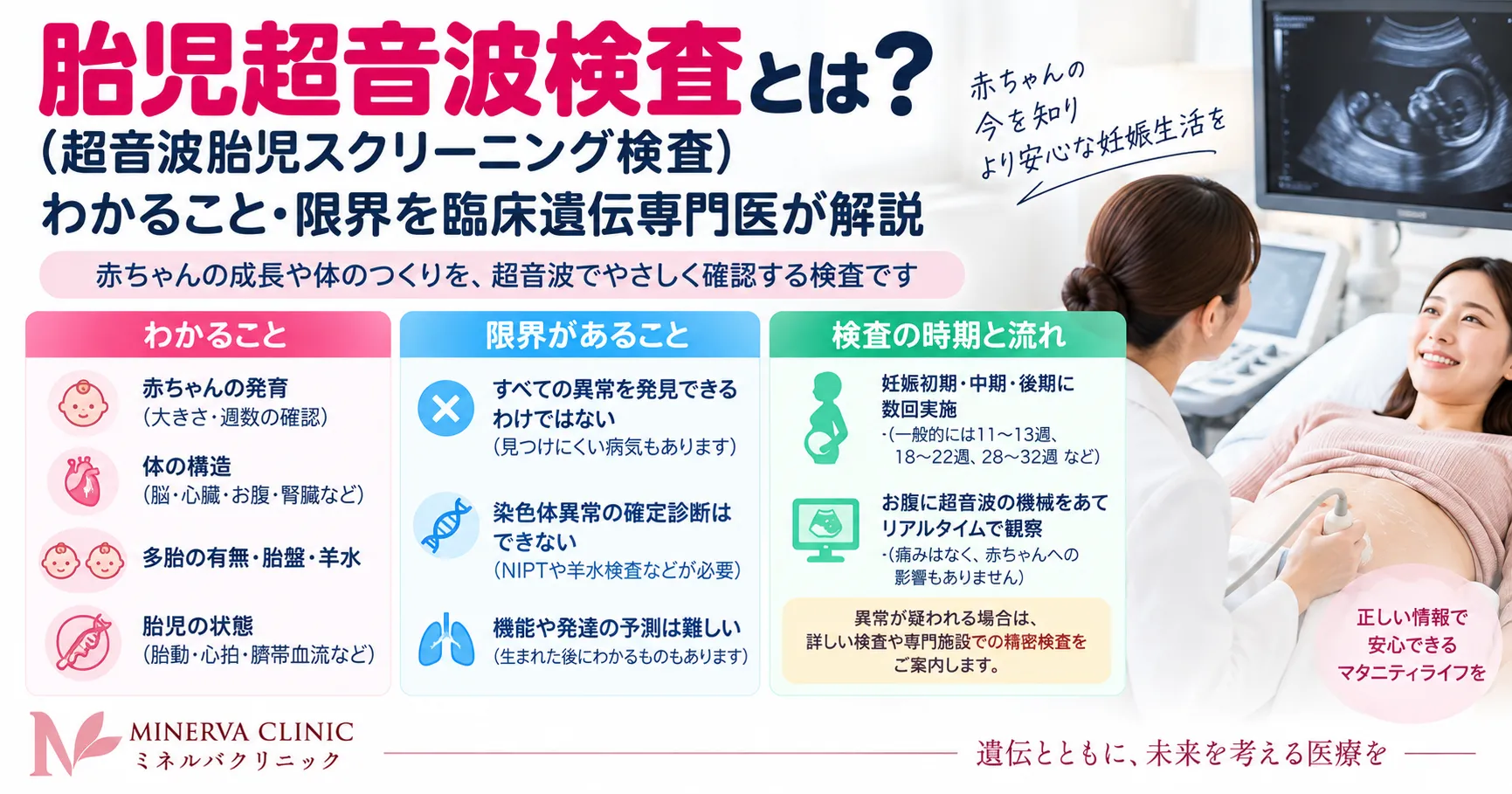 胎児超音波検査でわかること・検査時期・限界 胎児超音波検査で確認する胎児の形態、ソフトマーカー、検査時期と超音波検査の限界をまとめたインフォグラフィック