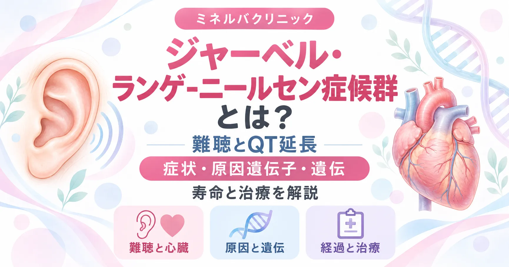 ジャーベル・ランゲ-ニールセン症候群の難聴とQT延長、原因遺伝子KCNQ1・KCNE1、遺伝のしかたを解説するインフォグラフィック