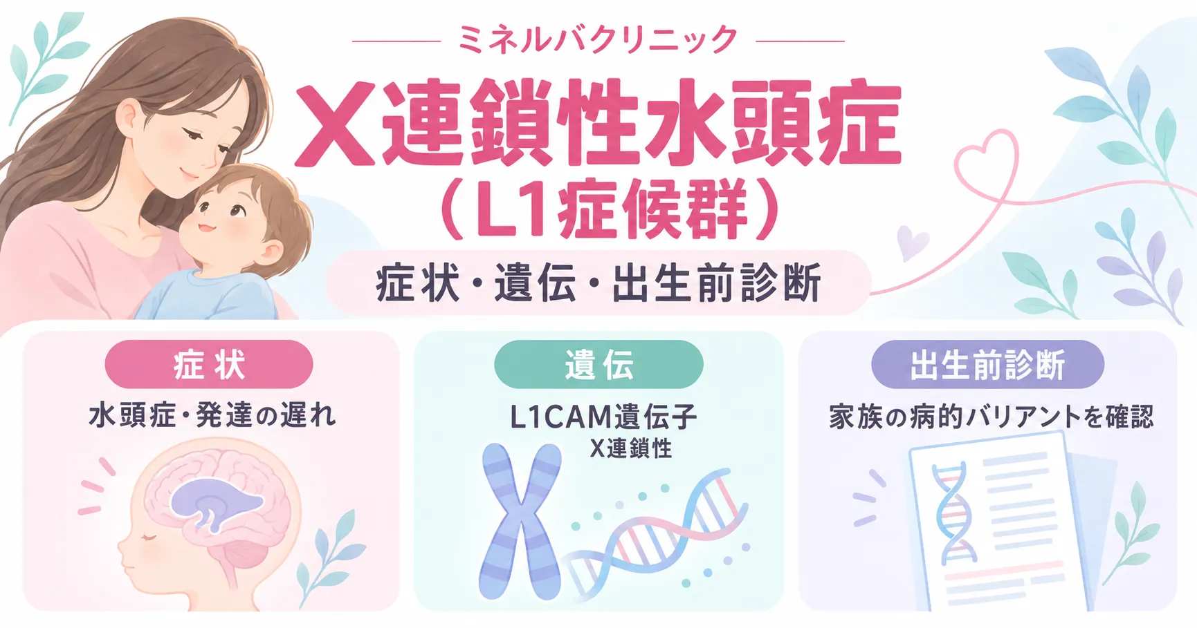 X連鎖性水頭症(L1症候群)とは X連鎖性水頭症(L1症候群)の症状・原因・遺伝のしかたを解説するインフォグラフィック