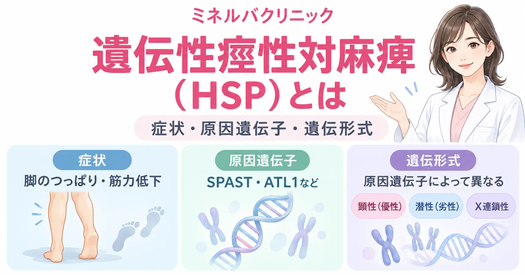 遺伝性痙性対麻痺(HSP)の全体像 遺伝性痙性対麻痺(HSP)の脚のつっぱり・筋力低下、SPAST・ATL1などの原因遺伝子、顕性・潜性・X連鎖性の遺伝形式を示す図